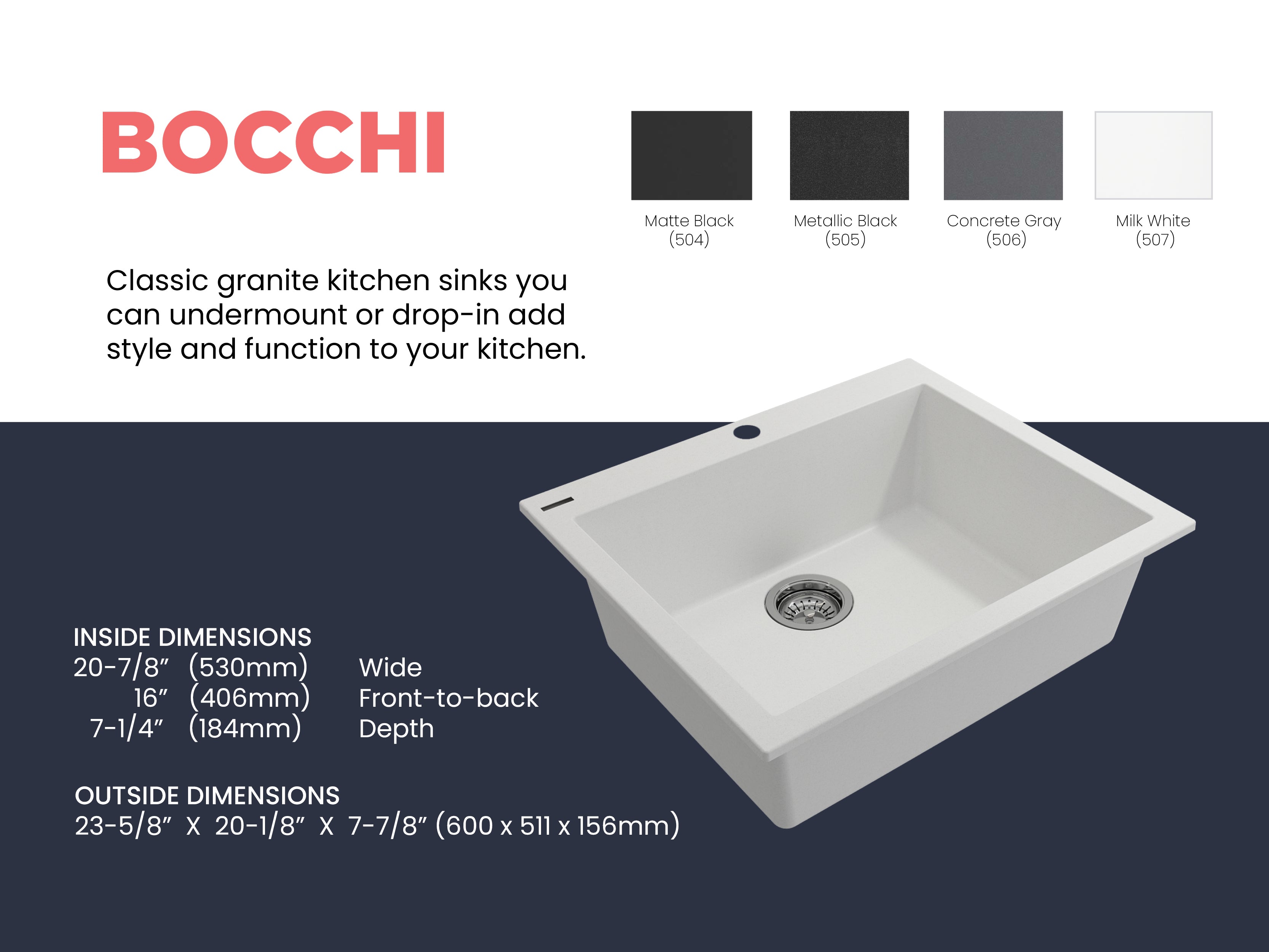 Bocchi 24" Dual Mount Granite Composite Single Bowl Kitchen Sink with Strainer