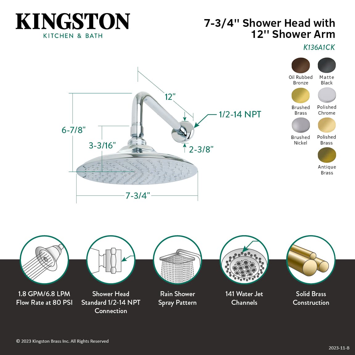 Kingston Brass Victorian 8" Brass Shower Head with 12" Shower Arm in Brushed Brass-DirectSinks