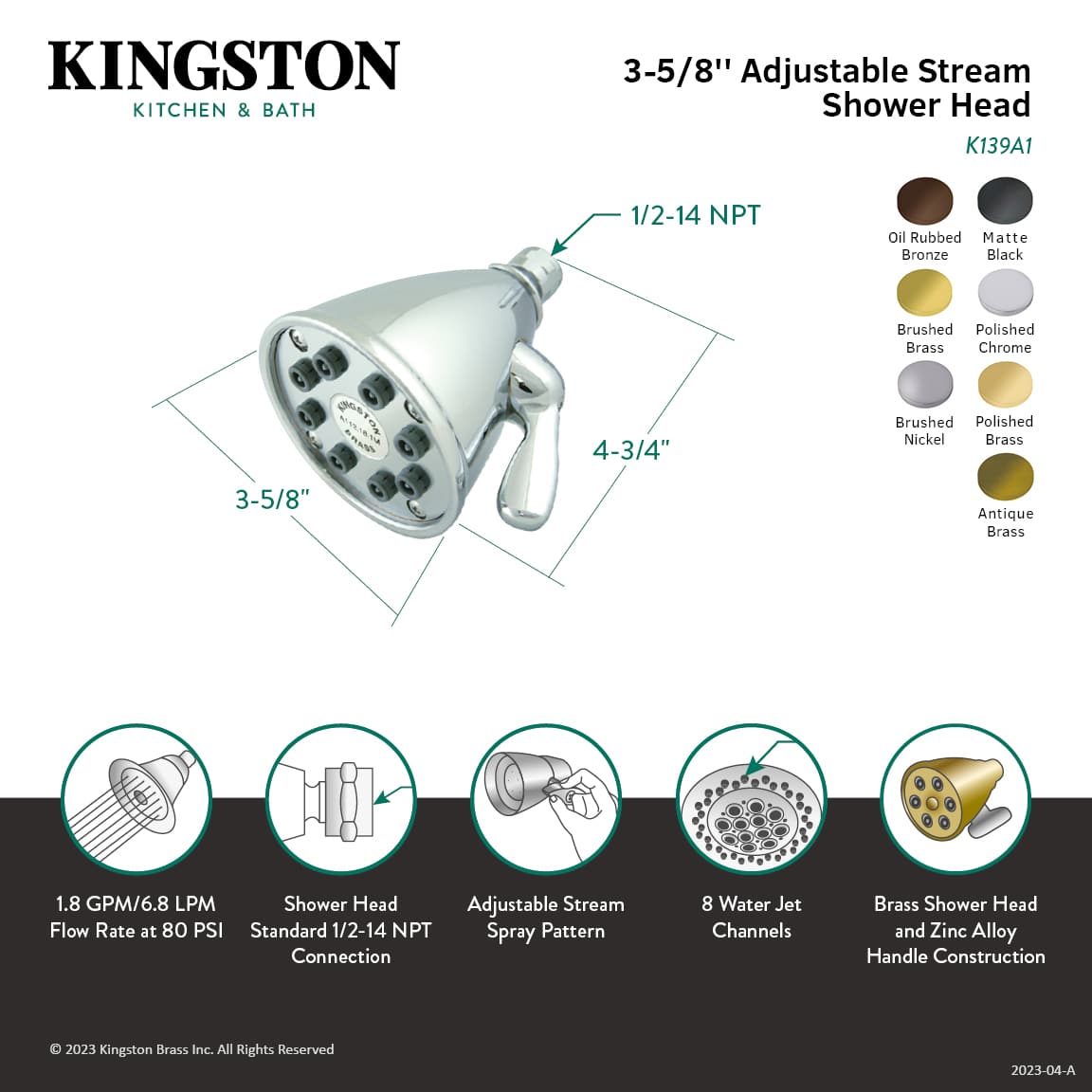 Kingston Brass Victorian 3-5/8" Diameter Adjustable Brass Shower Head with 8 Jets