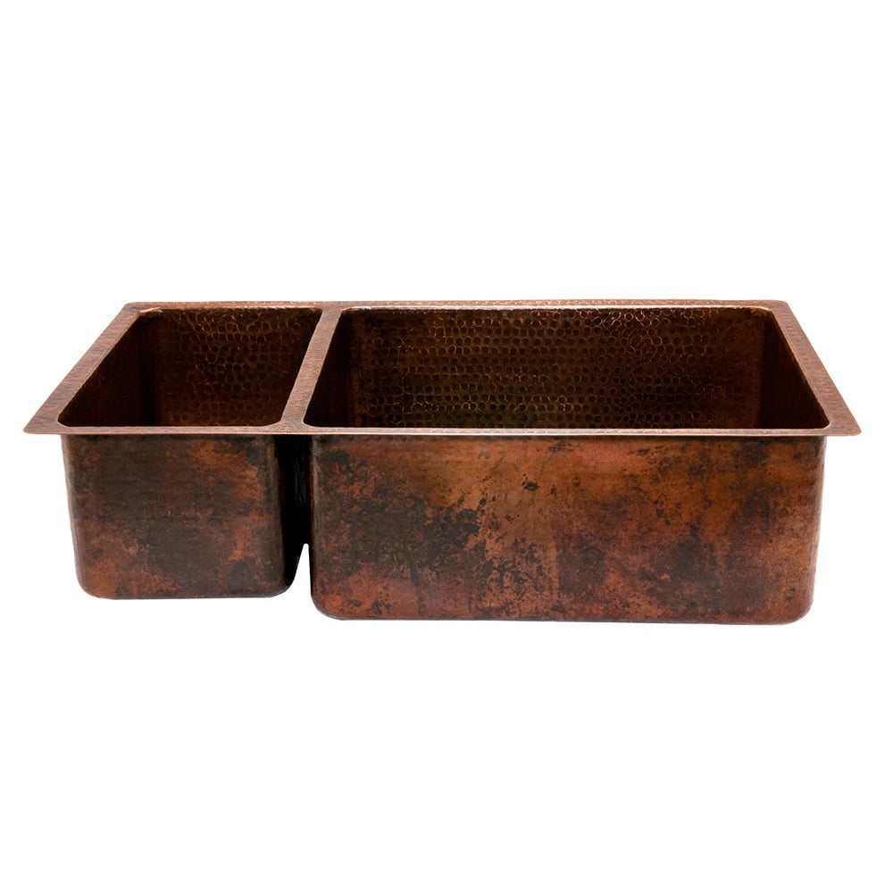 Premier Copper Products 33" Hammered Copper Kitchen 25/75 Double Basin Sink