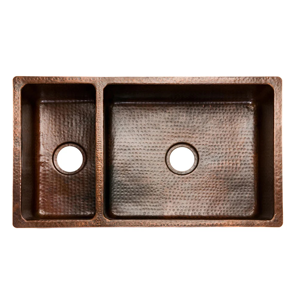 Premier Copper Products 33" Hammered Copper Kitchen 25/75 Double Basin Sink