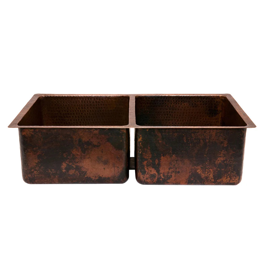 Premier Copper Products 33" Hammered Copper Kitchen 50/50 Double Basin Sink