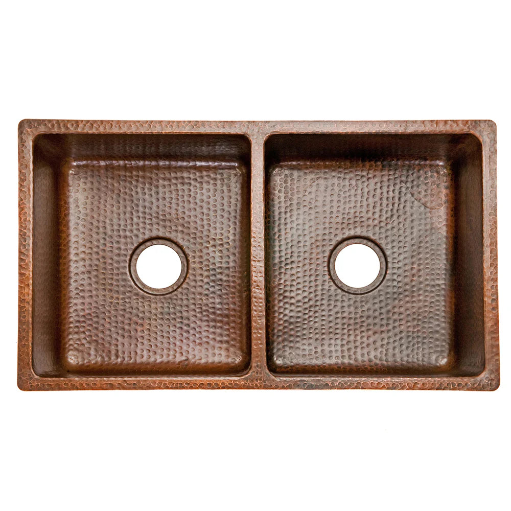 Premier Copper Products 33" Hammered Copper Kitchen 50/50 Double Basin Sink