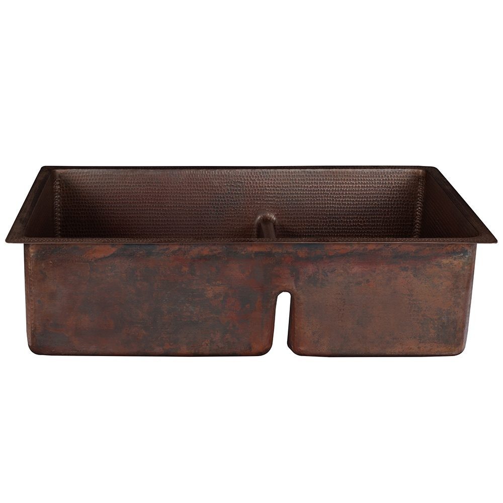 Premier Copper Products 33" Hammered Copper Kitchen 60/40 Double Basin Sink with Short 5" Divider