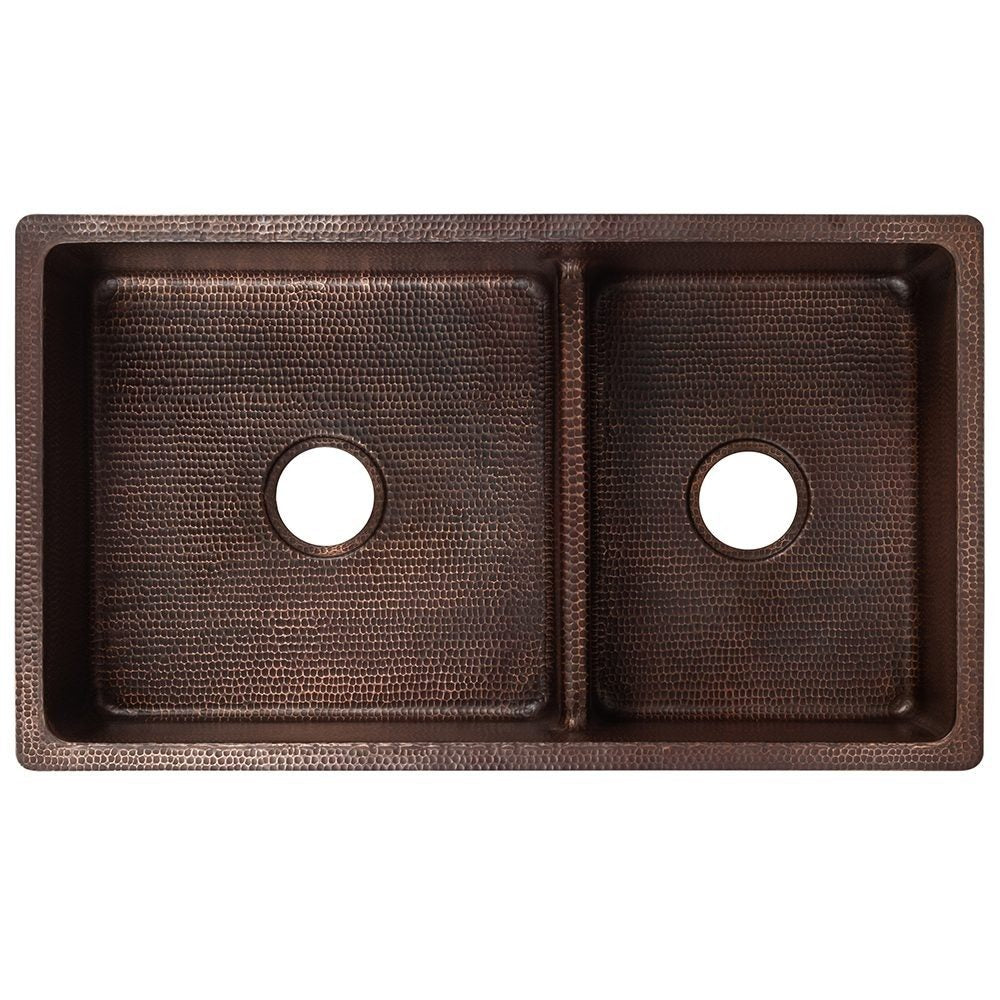 Premier Copper Products 33" Hammered Copper Kitchen 60/40 Double Basin Sink with Short 5" Divider