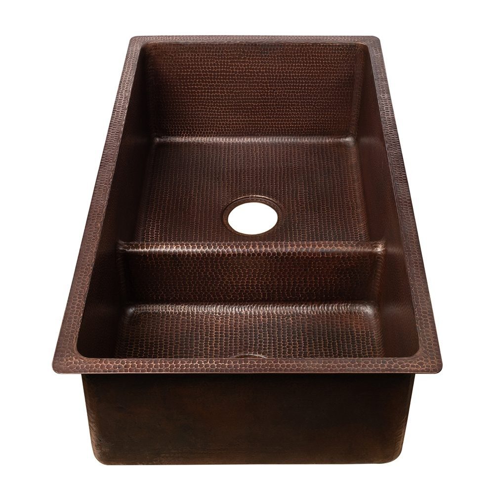 Premier Copper Products 33" Hammered Copper Kitchen 60/40 Double Basin Sink with Short 5" Divider