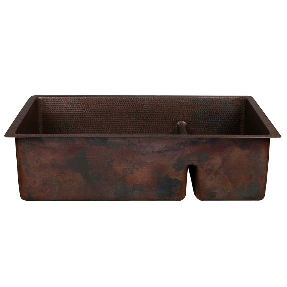 Premier Copper Products 33" Hammered Copper Kitchen 70/30 Double Basin Sink with Short 5" Divider