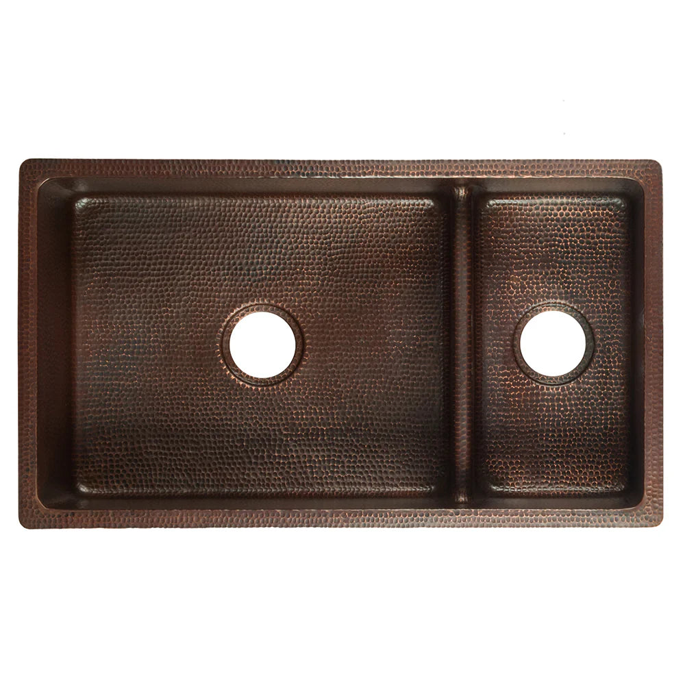 Premier Copper Products 33" Hammered Copper Kitchen 70/30 Double Basin Sink with Short 5" Divider