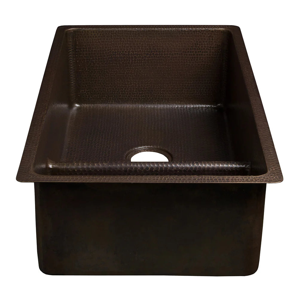 Premier Copper Products 33" Hammered Copper Kitchen 70/30 Double Basin Sink with Short 5" Divider