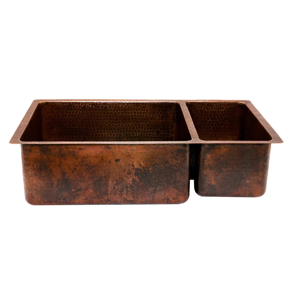 Premier Copper Products 33" Hammered Copper Kitchen 75/25 Double Basin Sink