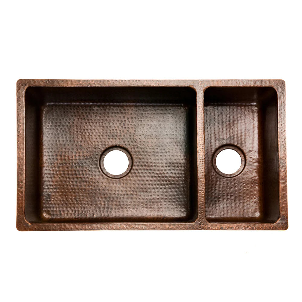Premier Copper Products 33" Hammered Copper Kitchen 75/25 Double Basin Sink