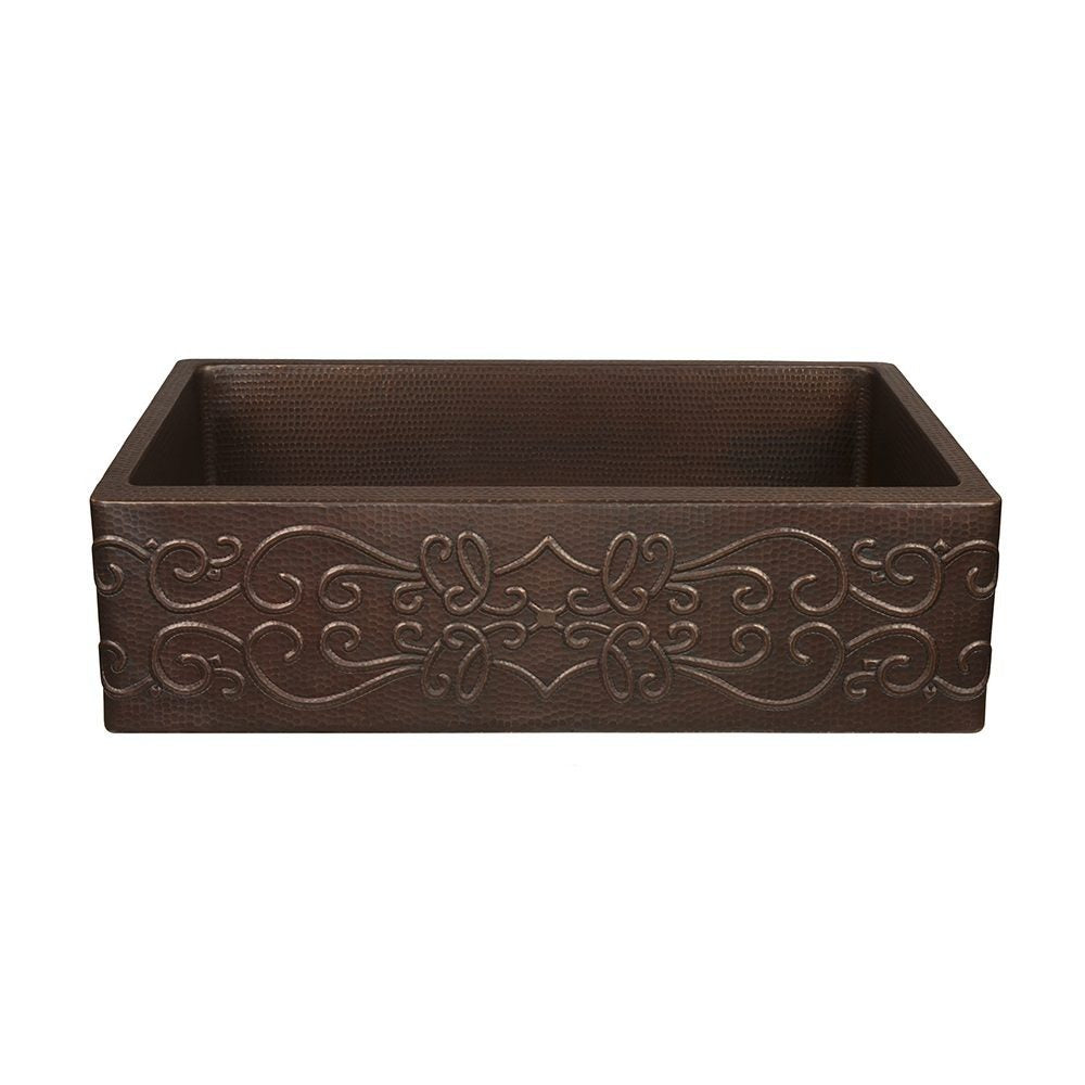 Premier Copper Products 30" Hammered Copper Kitchen Apron Single Basin Sink with Scroll Design