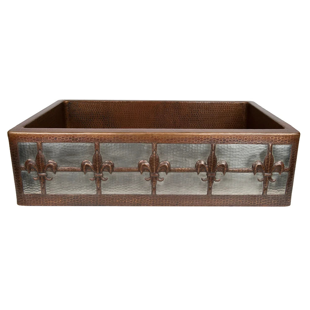 Premier Copper Products 33" Hammered Copper Kitchen Apron Single Basin Sink with Fleur De Lis Design and Apron Front Nickel Background