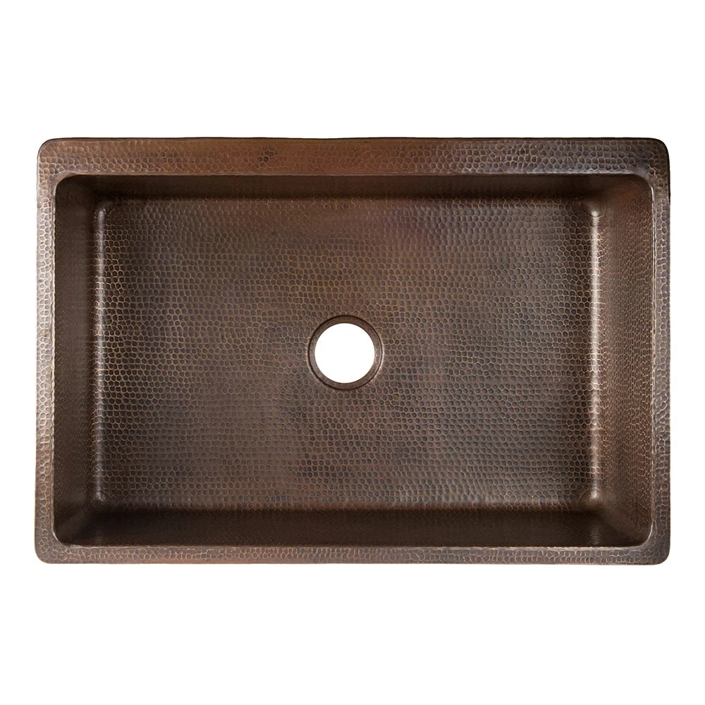 Premier Copper Products 33" Hammered Copper Kitchen Apron Single Basin Sink with Fleur De Lis Design and Apron Front Nickel Background
