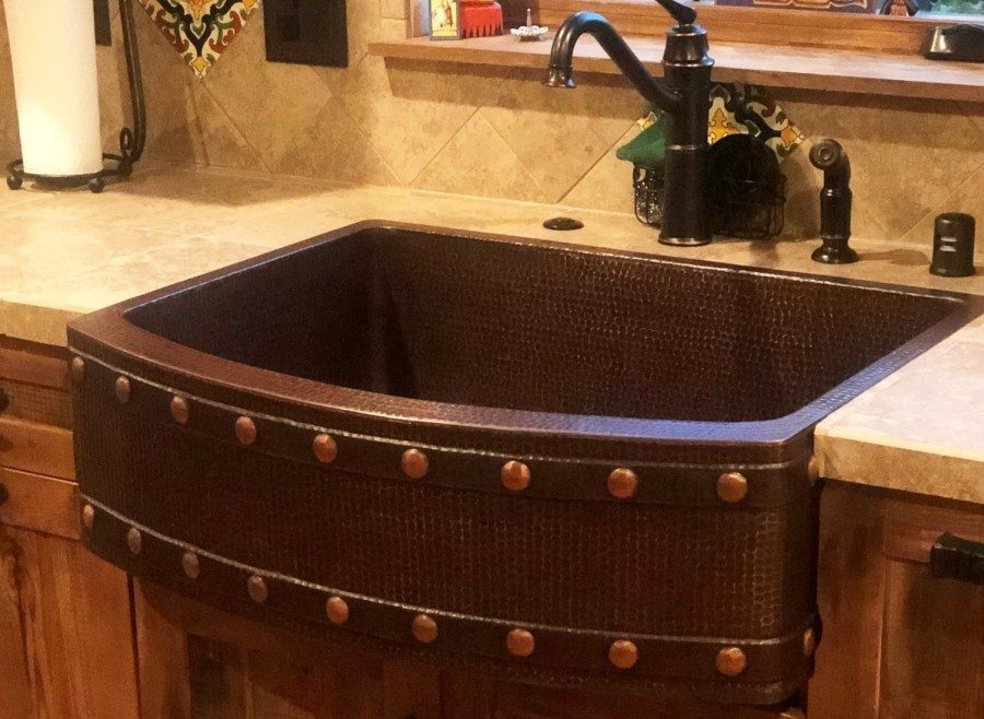 Premier Copper Products 30" Hammered Copper Kitchen Rounded Apron Single Basin Sink with Barrel Strap Design
