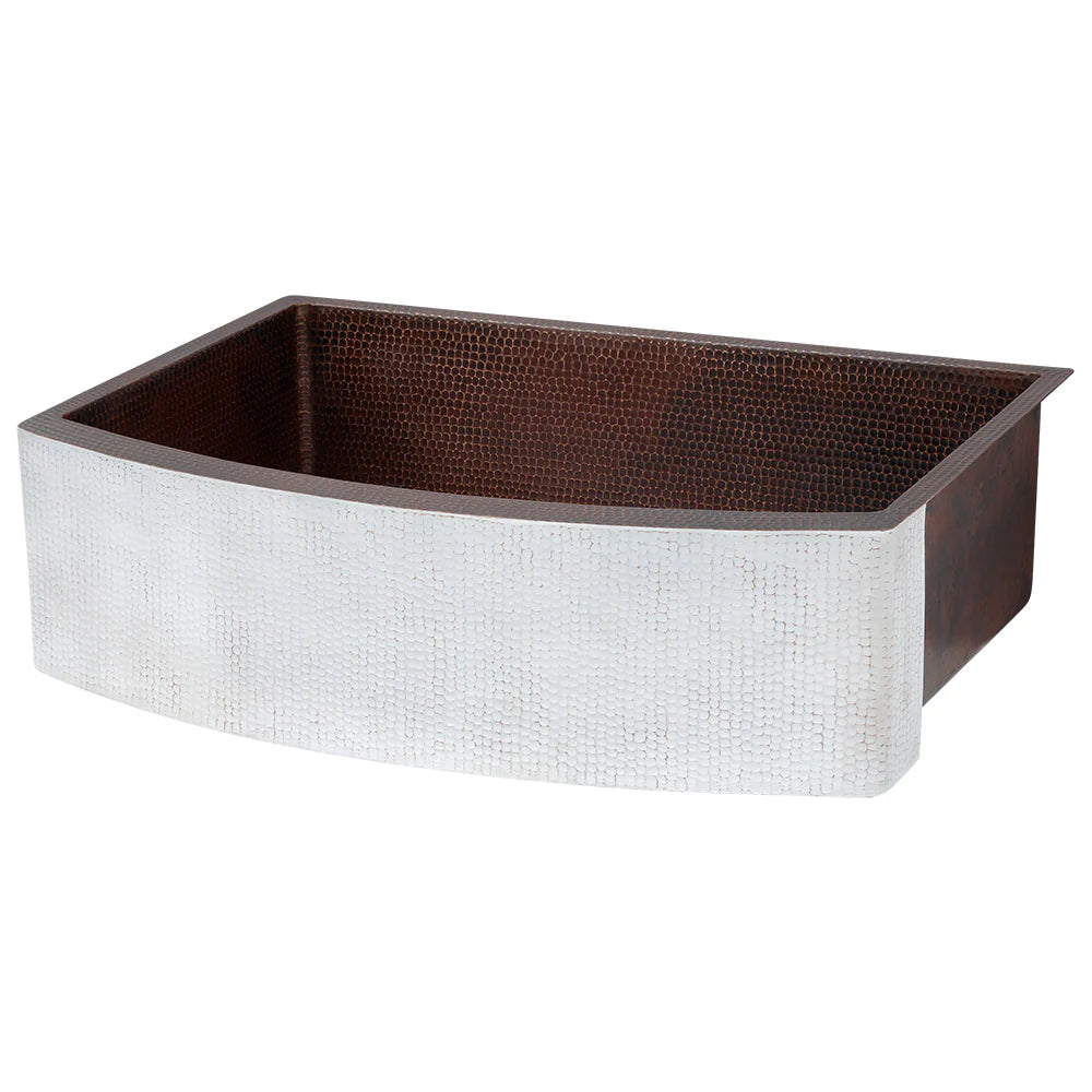 33" Hammered Copper Rounded Apron Front Single Basin Kitchen Sink in Glazed White-DirectSinks