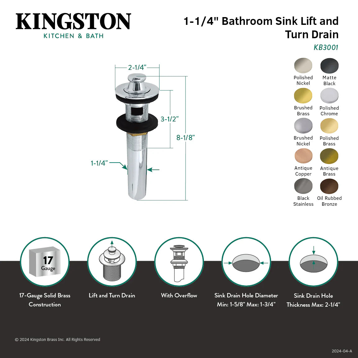 Kingston Brass Lift and Turn Sink Drain with Overflow