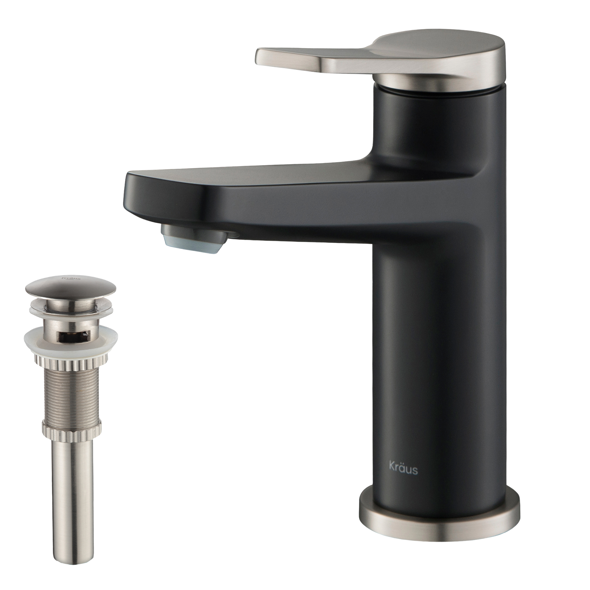 KRAUS Indy Single Handle Bathroom Faucet with Matching Pop-Up Drain in Spot Free Stainless Steel/Matte Black/Satin Nickel