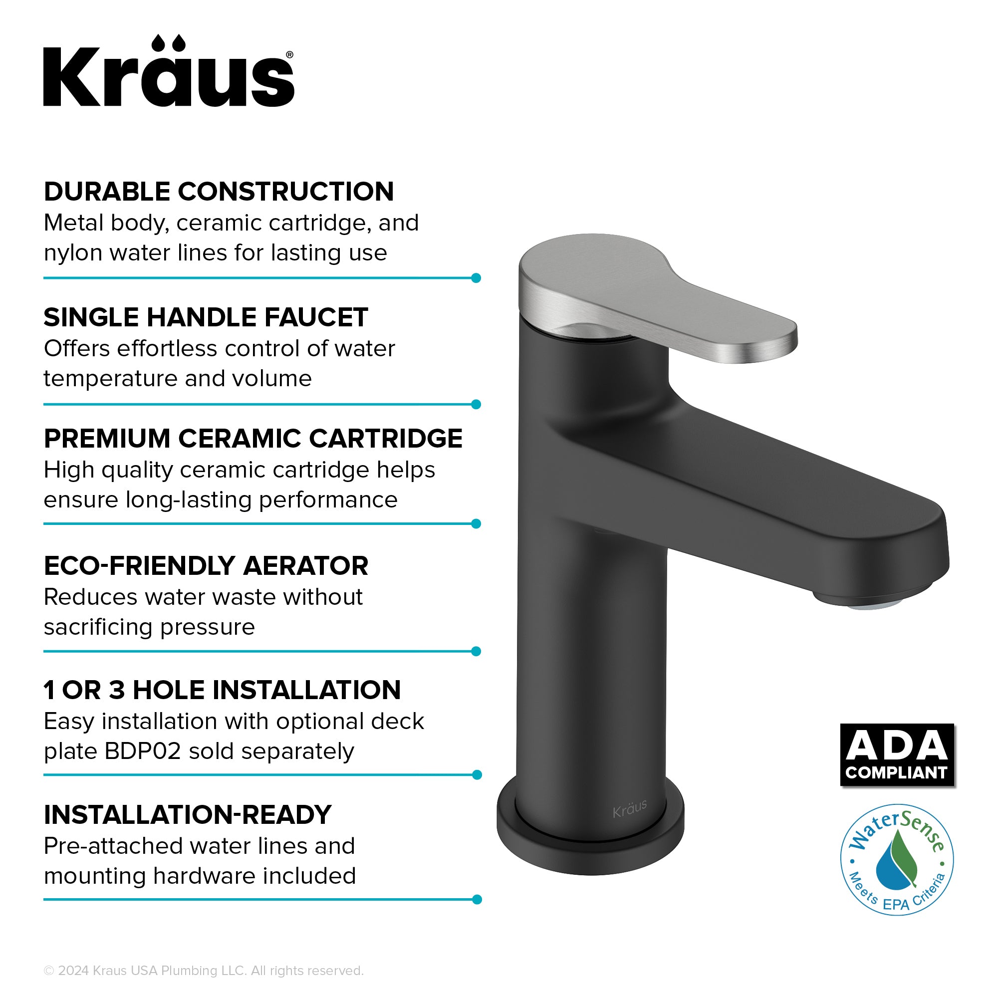 KRAUS Indy Single Handle Bathroom Faucet in Matte Black with Brushed Nickel
