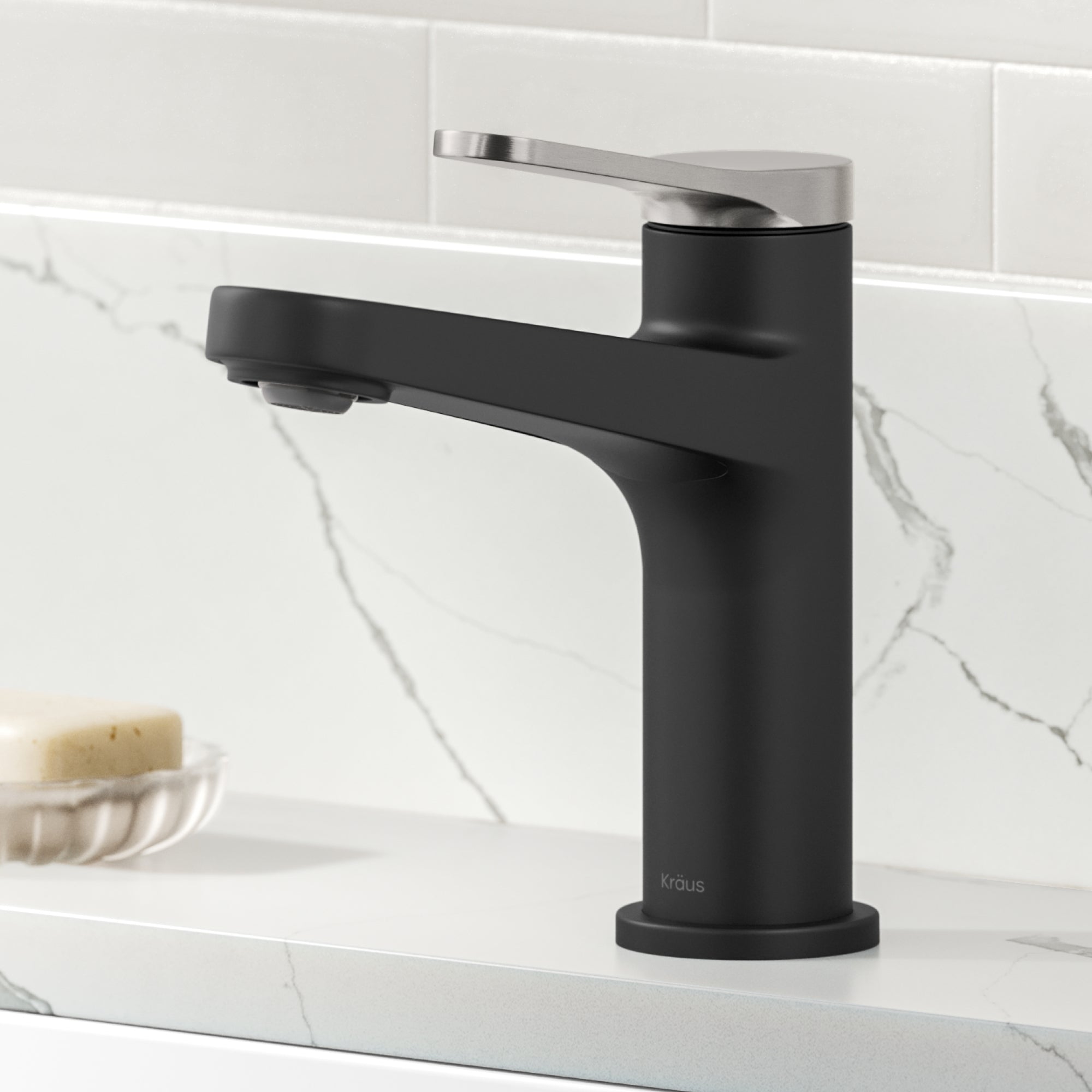 KRAUS Indy Single Handle Bathroom Faucet in Matte Black with Brushed Nickel