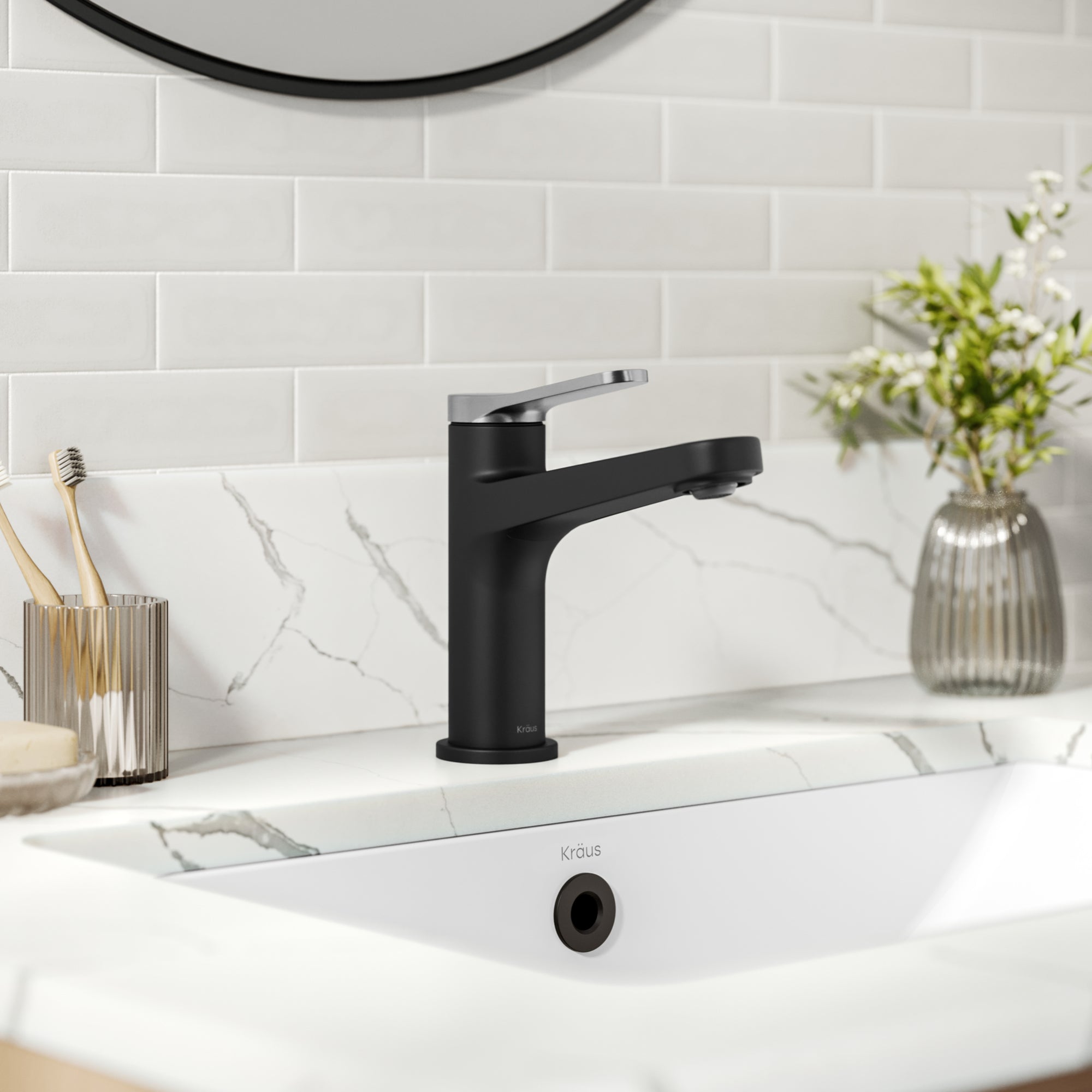 KRAUS Indy Single Handle Bathroom Faucet in Matte Black with Brushed Nickel