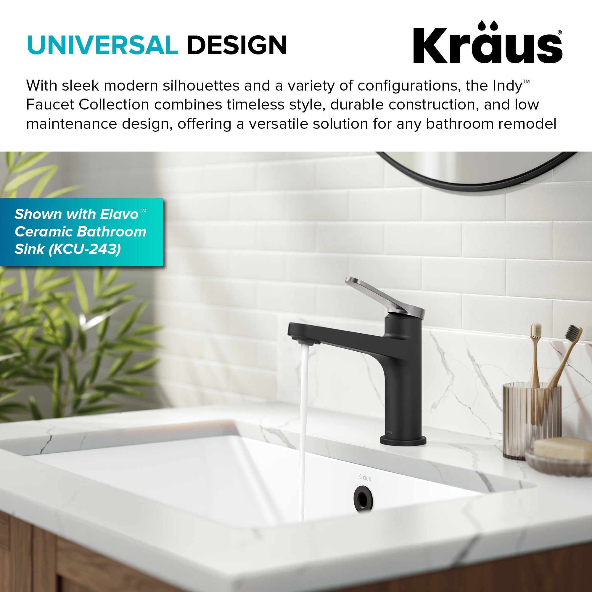 KRAUS Indy Single Handle Bathroom Faucet in Matte Black with Brushed Nickel