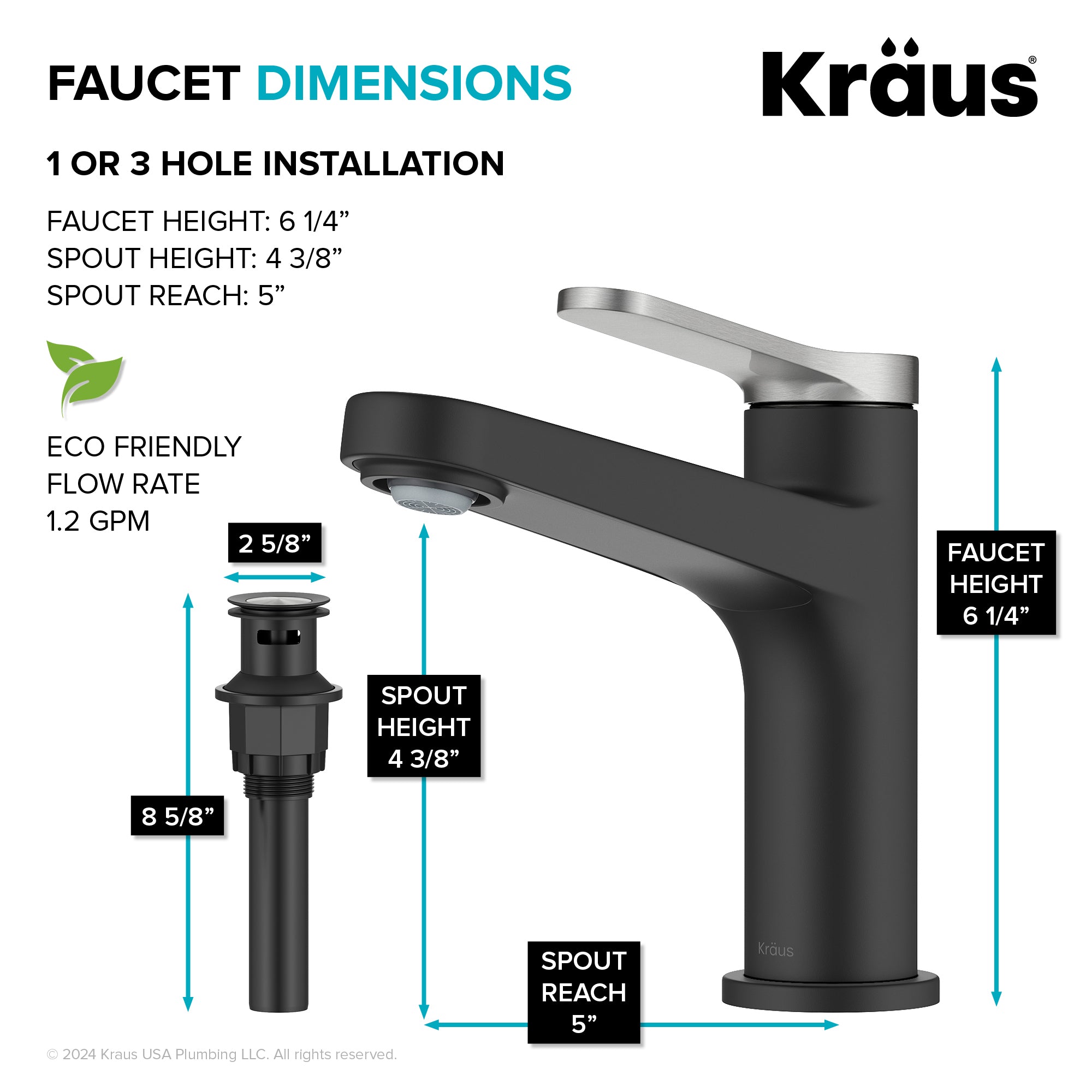KRAUS Indy Single Handle Bathroom Faucet in Matte Black with Brushed Nickel