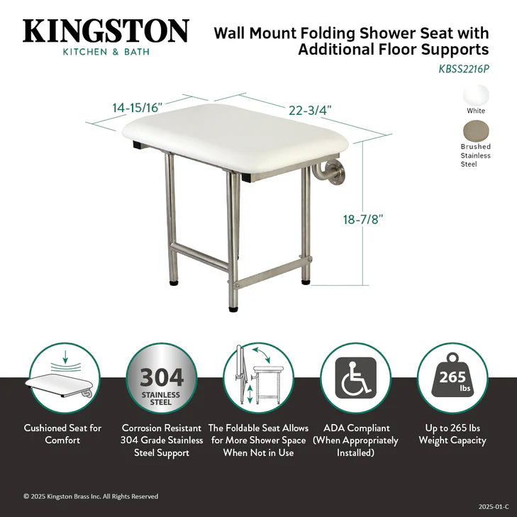 22"x 16" Wall Mount Fold Down Shower Seat with Floor Support in Brushed Stainless Steel-DirectSinks