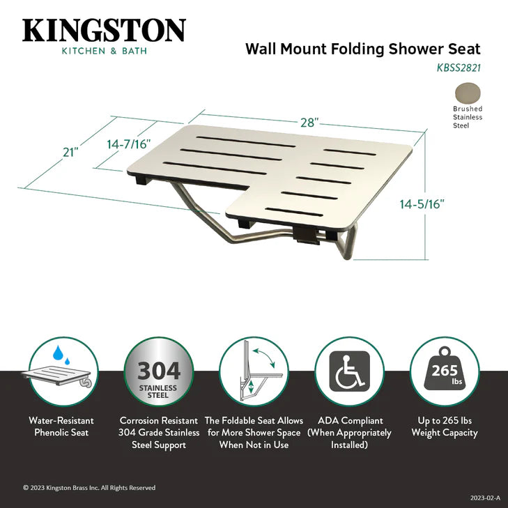 28" x 21" Wall Mount Fold Down Shower Seat in Brushed Stainless Steel-DirectSinks