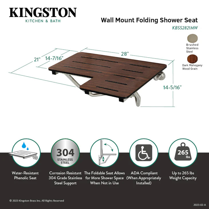 28" x 21" Wall Mount Fold Down Shower Seat in Dark Mahogany Wood Grain & Stainless-DirectSinks