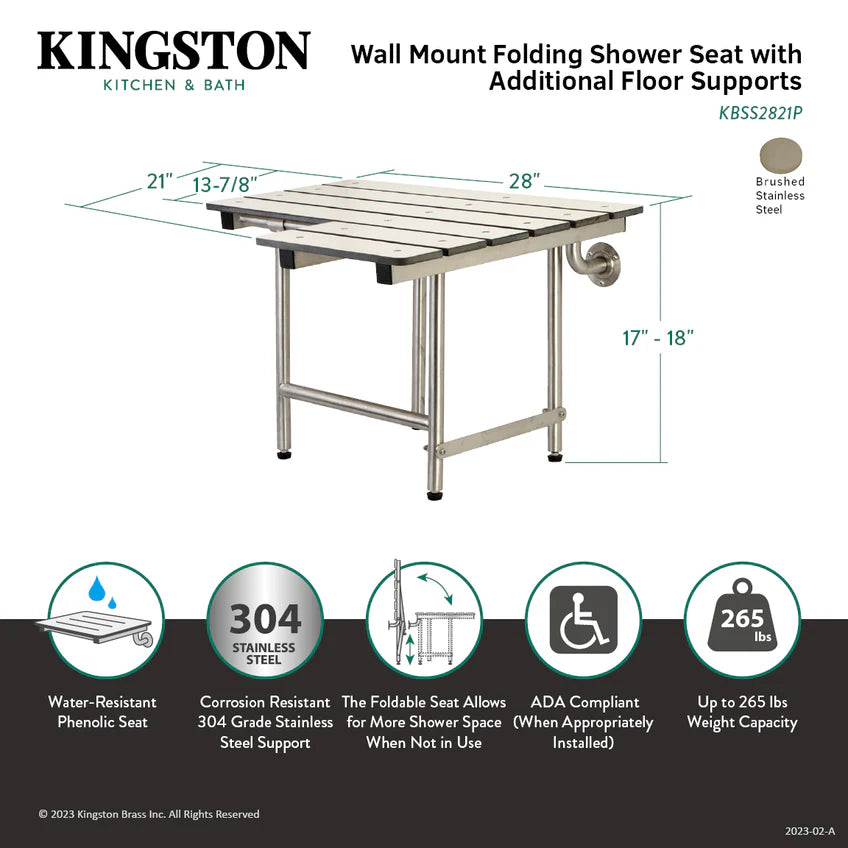 28" x 21" Wall Mount Fold Down Shower Seat with Additional Floor Supports in Brushed Stainless Steel-DirectSinks