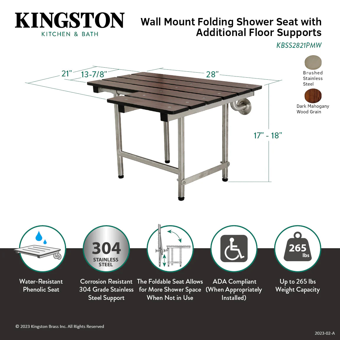 28" x 21" Wall Mount Fold Down Shower Seat with Additional Floor Supports in Dark Mahogany Wood Grain & Stainless-DirectSinks