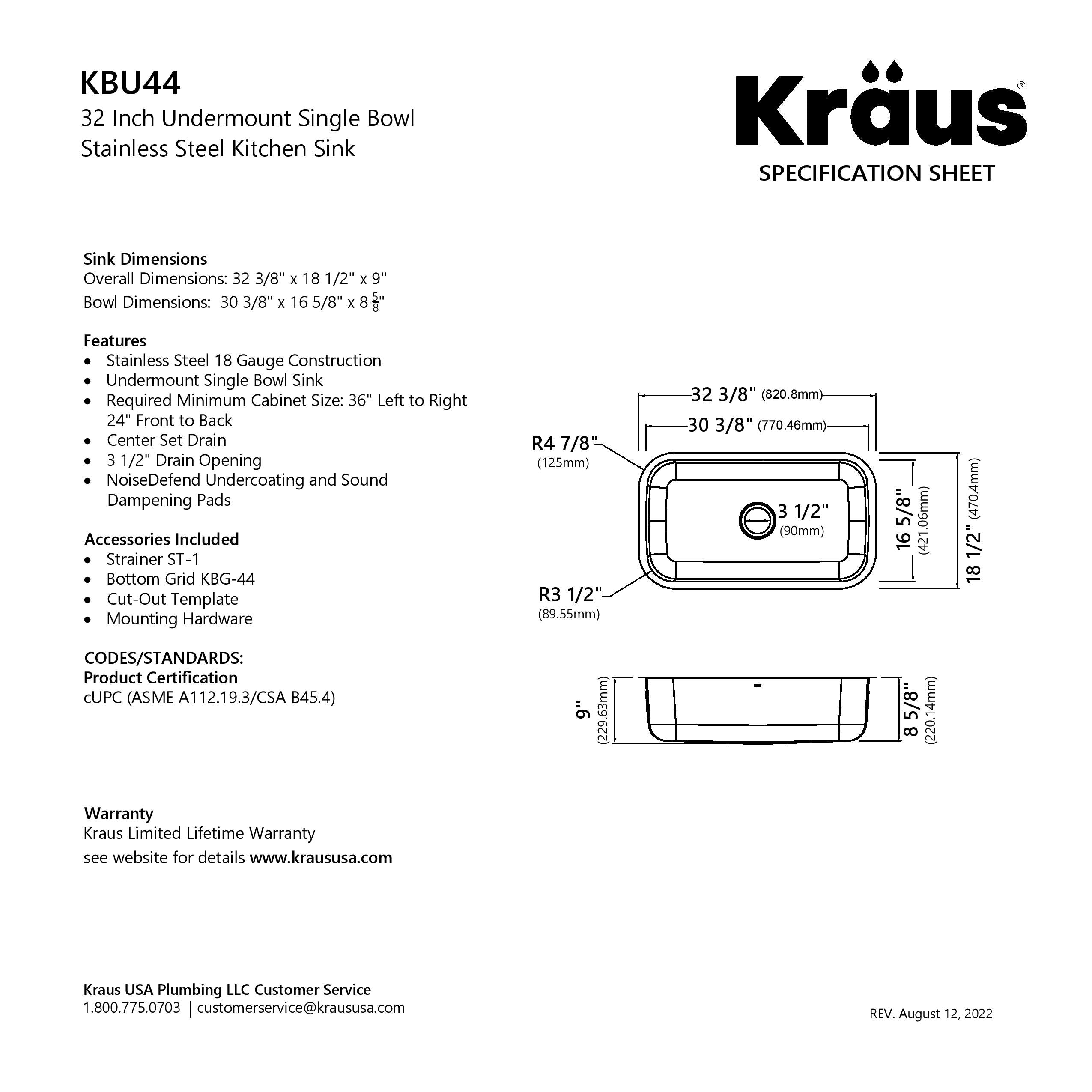 KRAUS 32” Undermount 18 gauge Stainless Steel Single Bowl Kitchen Sink