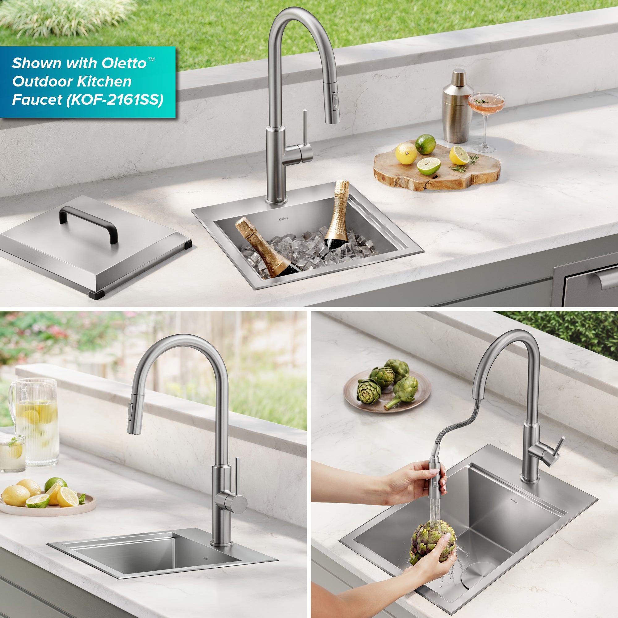 KRAUS 15" × 22" Outdoor T-316 Marine Grade Workstation Sink with Marine-Grade Lid | KCA-1800