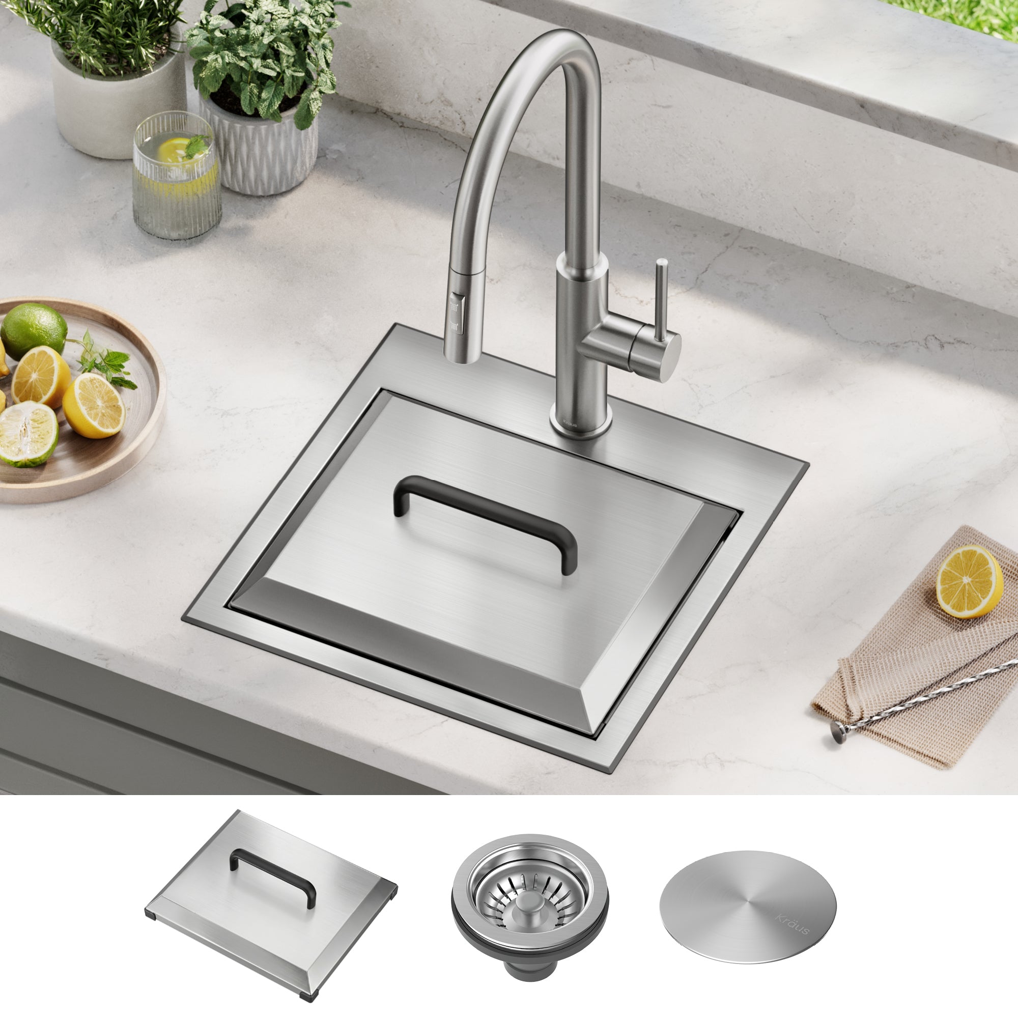 KRAUS 15" × 22" Outdoor T-316 Marine Grade Workstation Sink with Marine-Grade Lid | KCA-1800