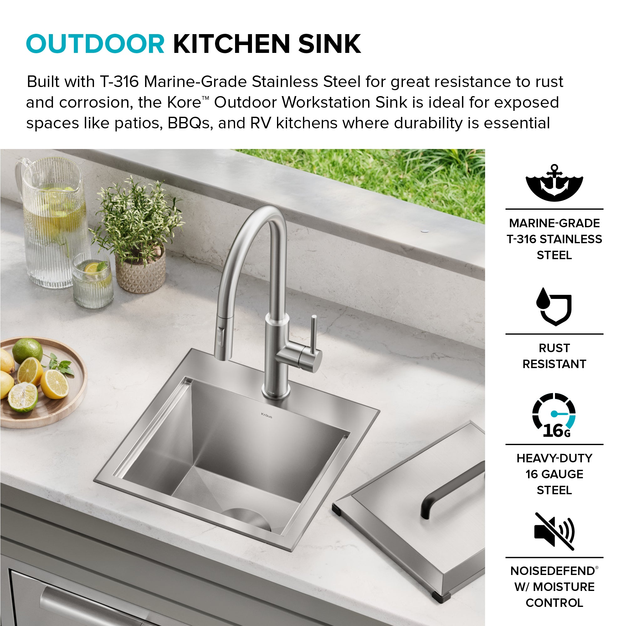 KRAUS 15" × 22" Outdoor T-316 Marine Grade Workstation Sink with Marine-Grade Lid | KCA-1800