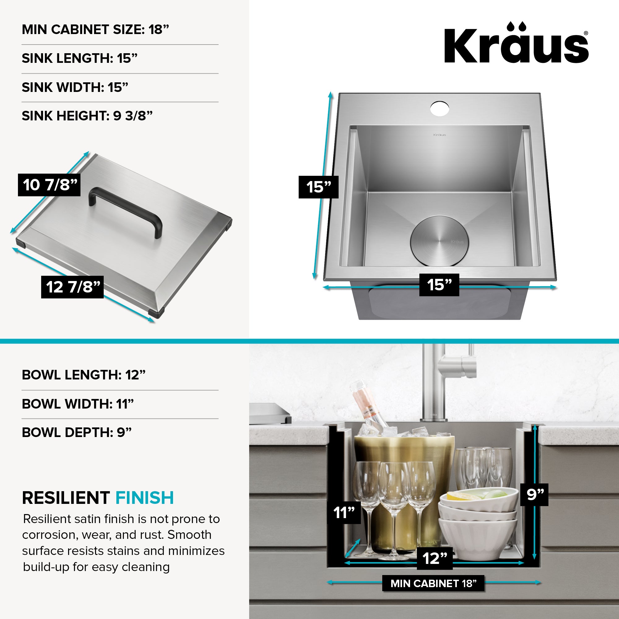 KRAUS 15" × 22" Outdoor T-316 Marine Grade Workstation Sink with Marine-Grade Lid | KCA-1800