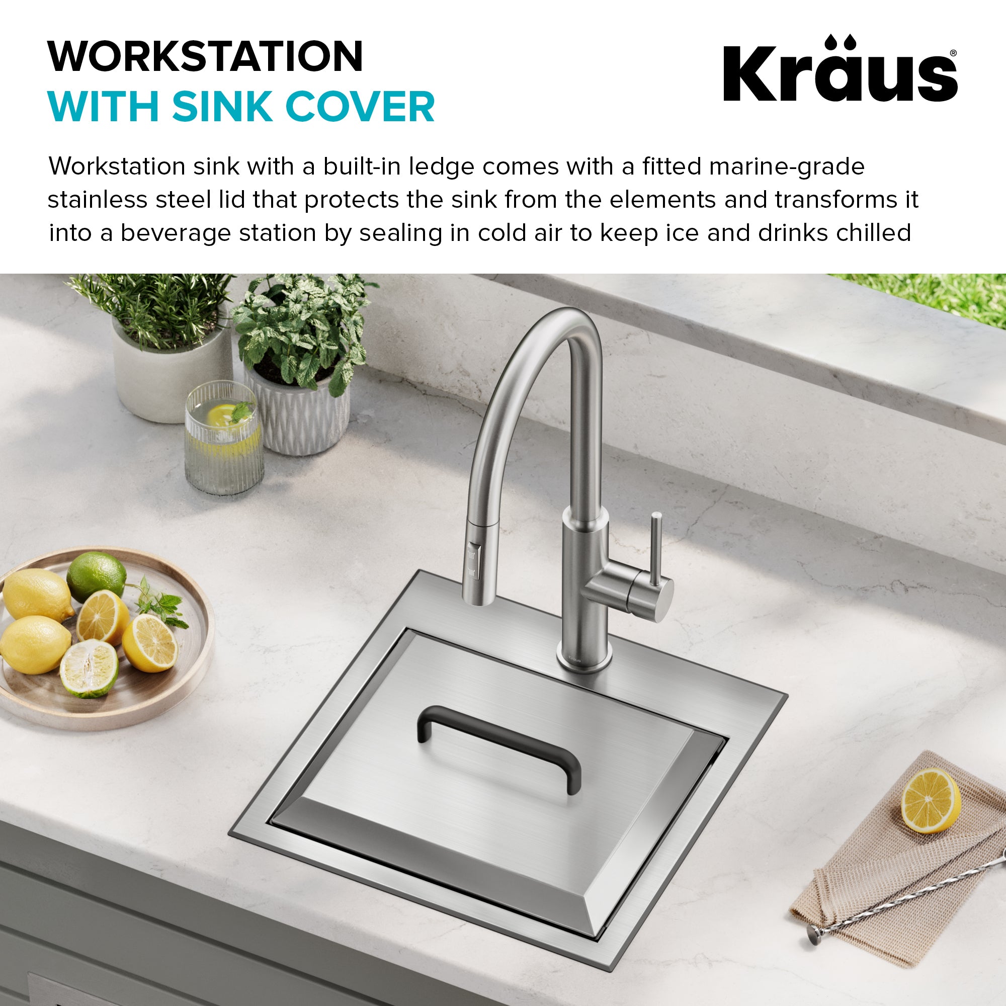 KRAUS 15" × 22" Outdoor T-316 Marine Grade Workstation Sink with Marine-Grade Lid | KCA-1800