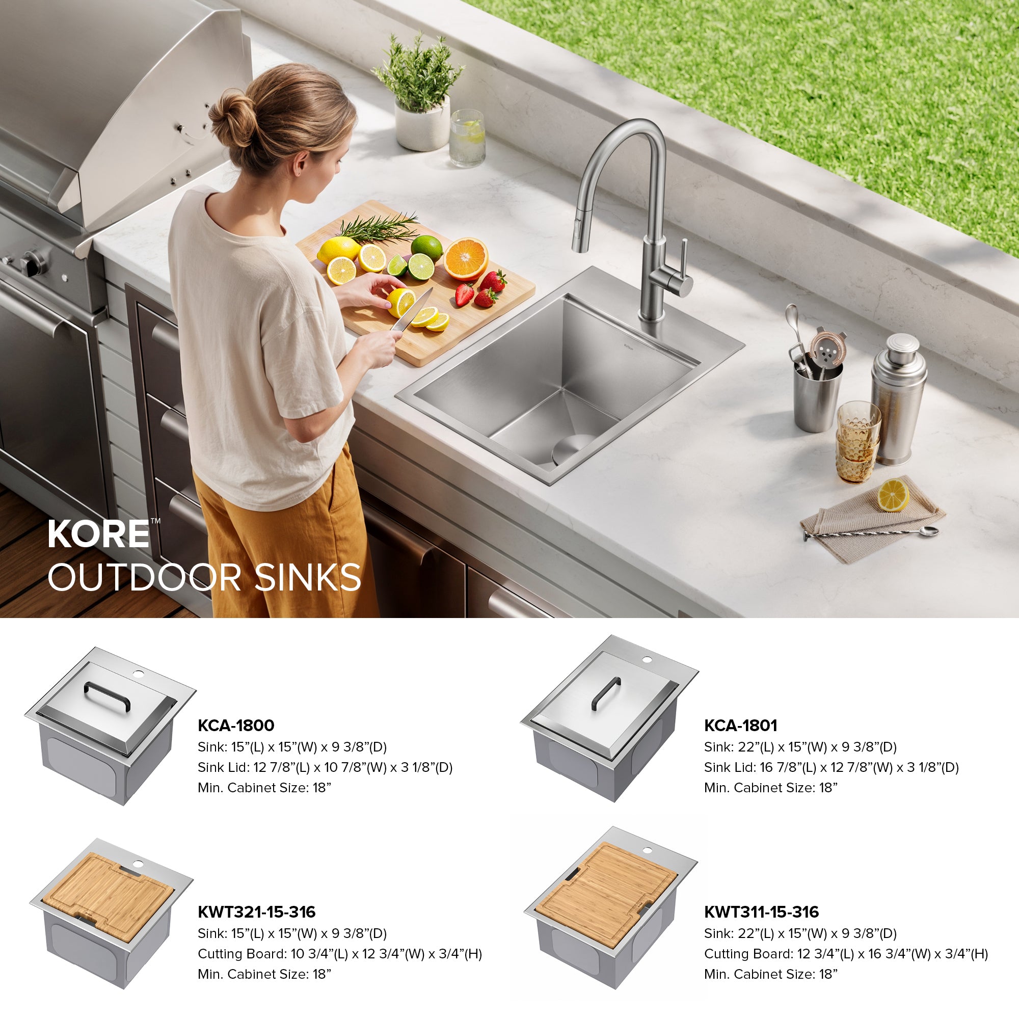 KRAUS 15" × 22" Outdoor T-316 Marine Grade Workstation Sink with Marine-Grade Lid | KCA-1800