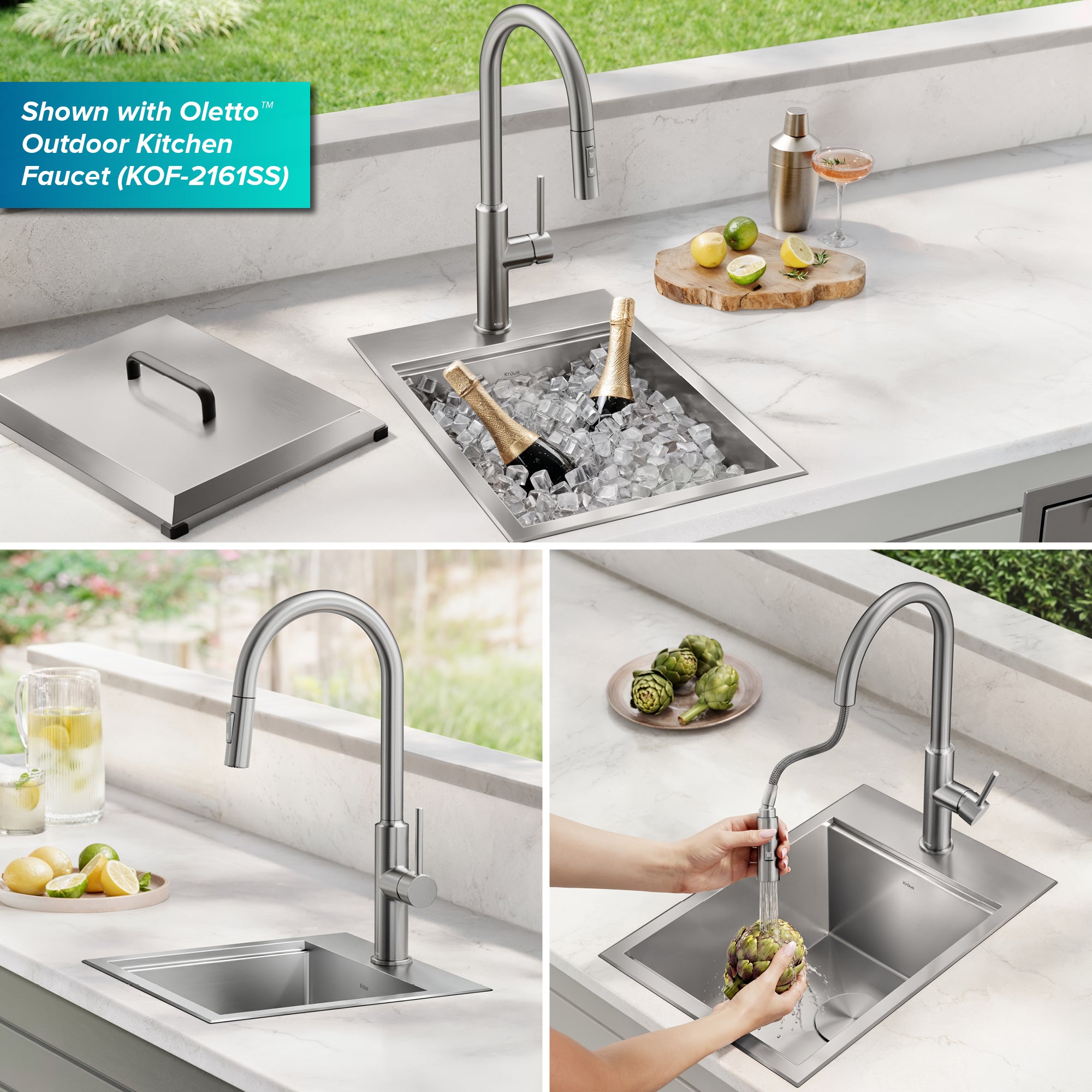 KRAUS 15" × 15" Outdoor T-316 Marine Grade Workstation Sink with Marine-Grade Lid | KCA-1801