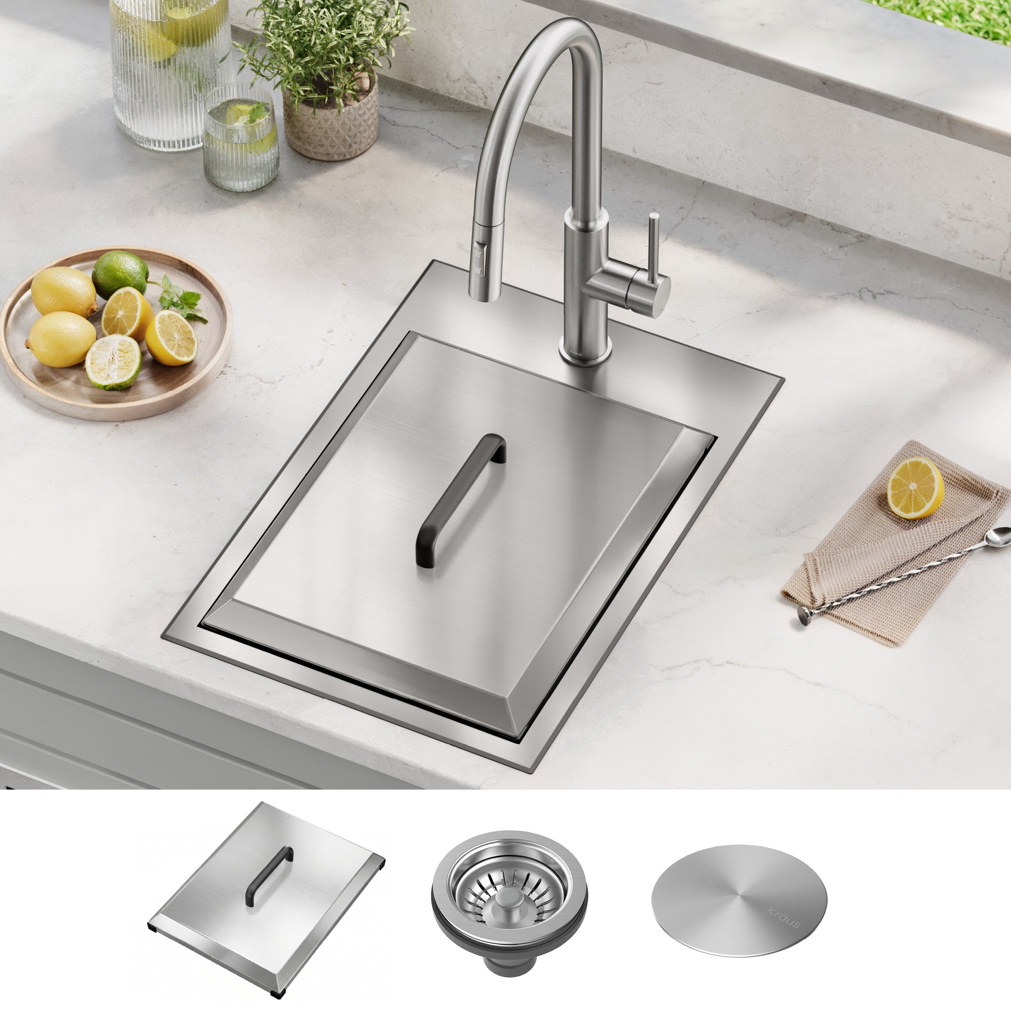 KRAUS 15" × 15" Outdoor T-316 Marine Grade Workstation Sink with Marine-Grade Lid | KCA-1801