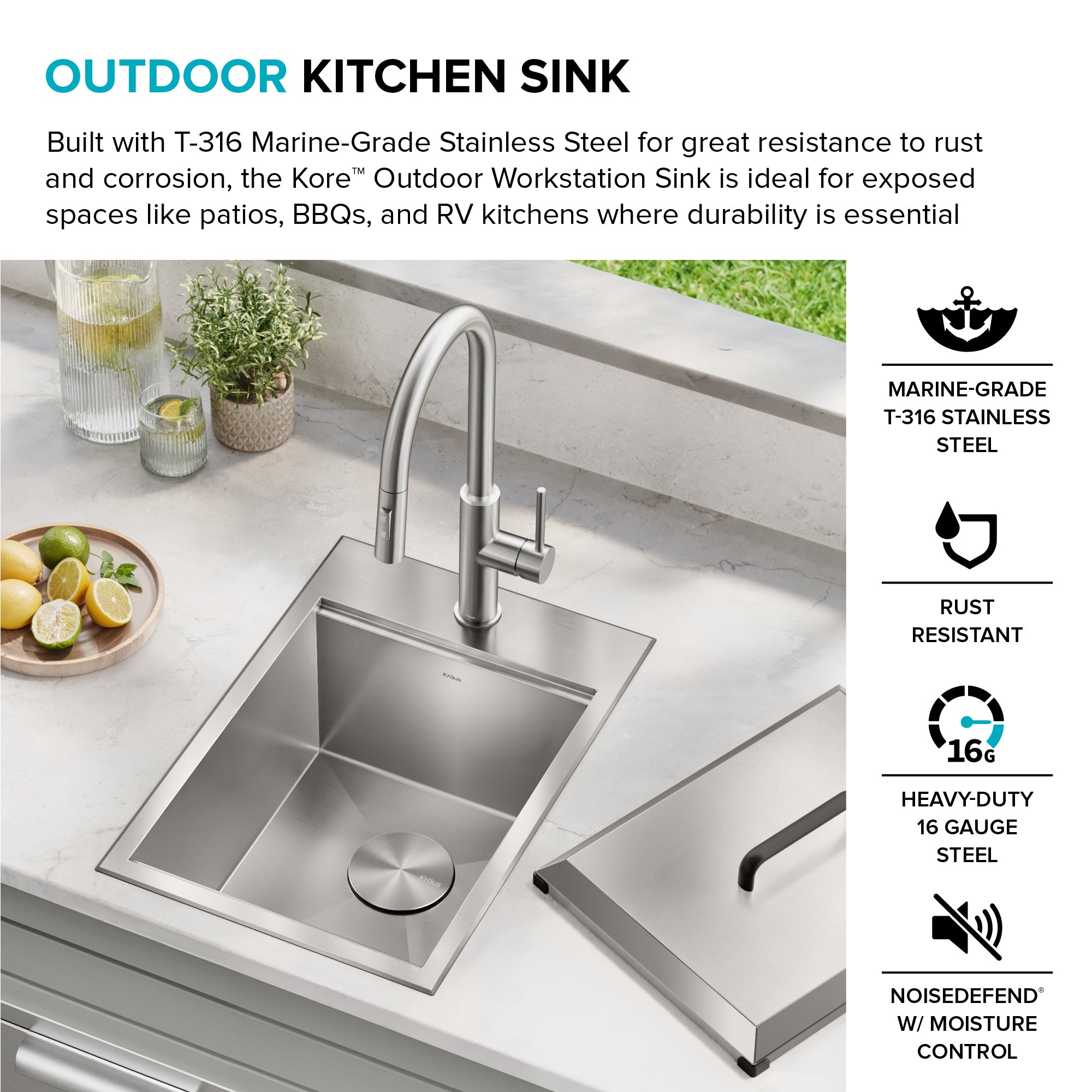 KRAUS 15" × 15" Outdoor T-316 Marine Grade Workstation Sink with Marine-Grade Lid | KCA-1801