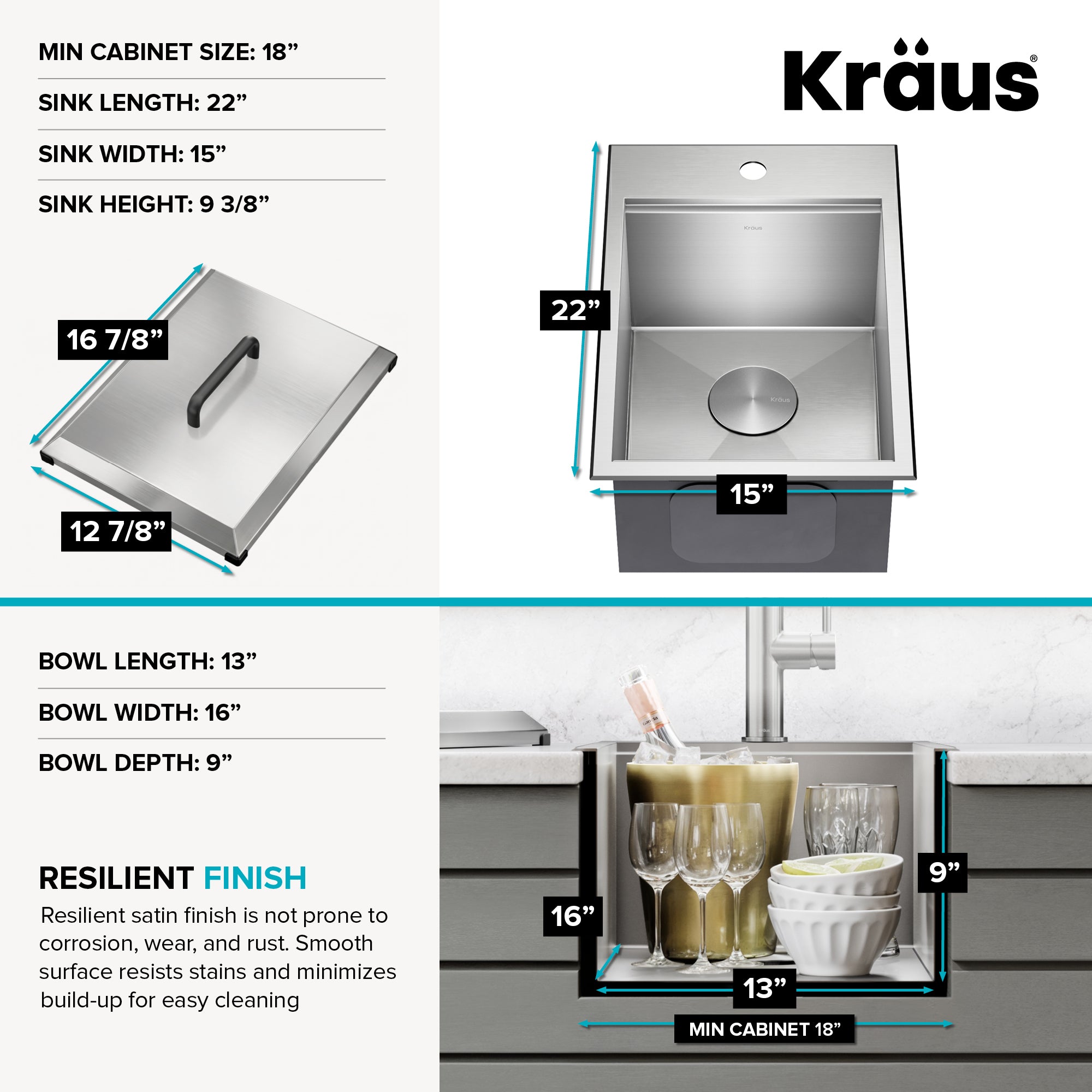 KRAUS 15" × 15" Outdoor T-316 Marine Grade Workstation Sink with Marine-Grade Lid | KCA-1801