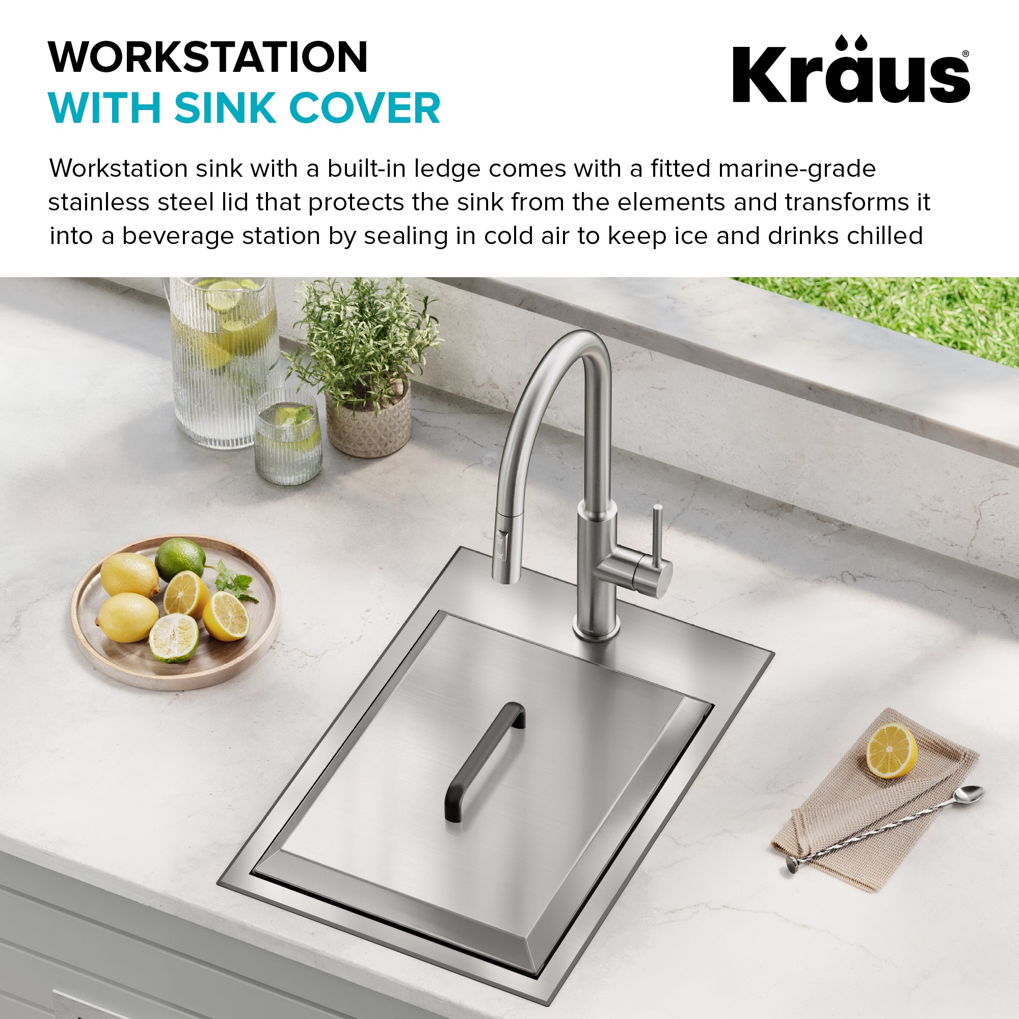 KRAUS 15" × 15" Outdoor T-316 Marine Grade Workstation Sink with Marine-Grade Lid | KCA-1801