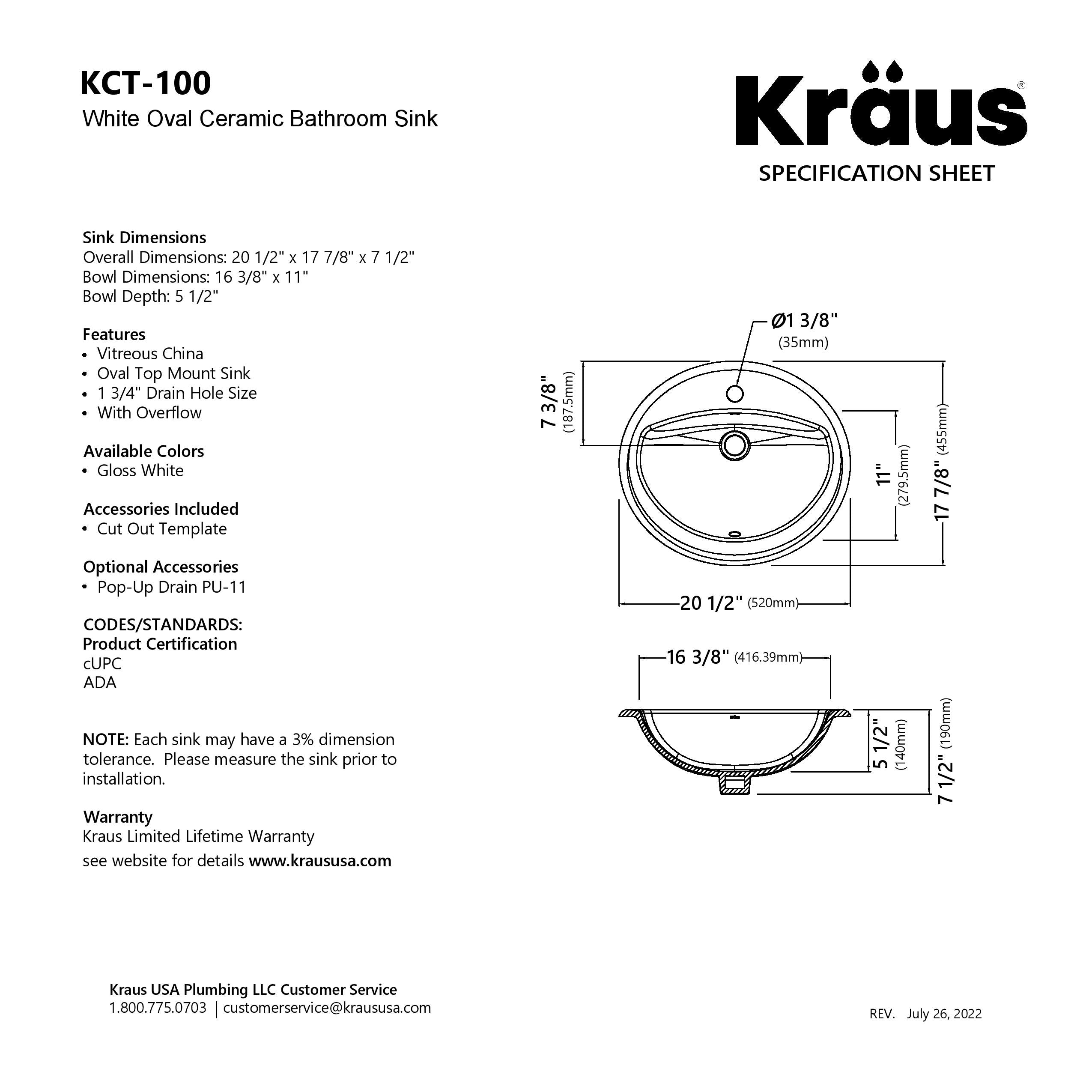 KRAUS Elavo 20-1/2" Oval Porcelain Drop In Bathroom Sink in White