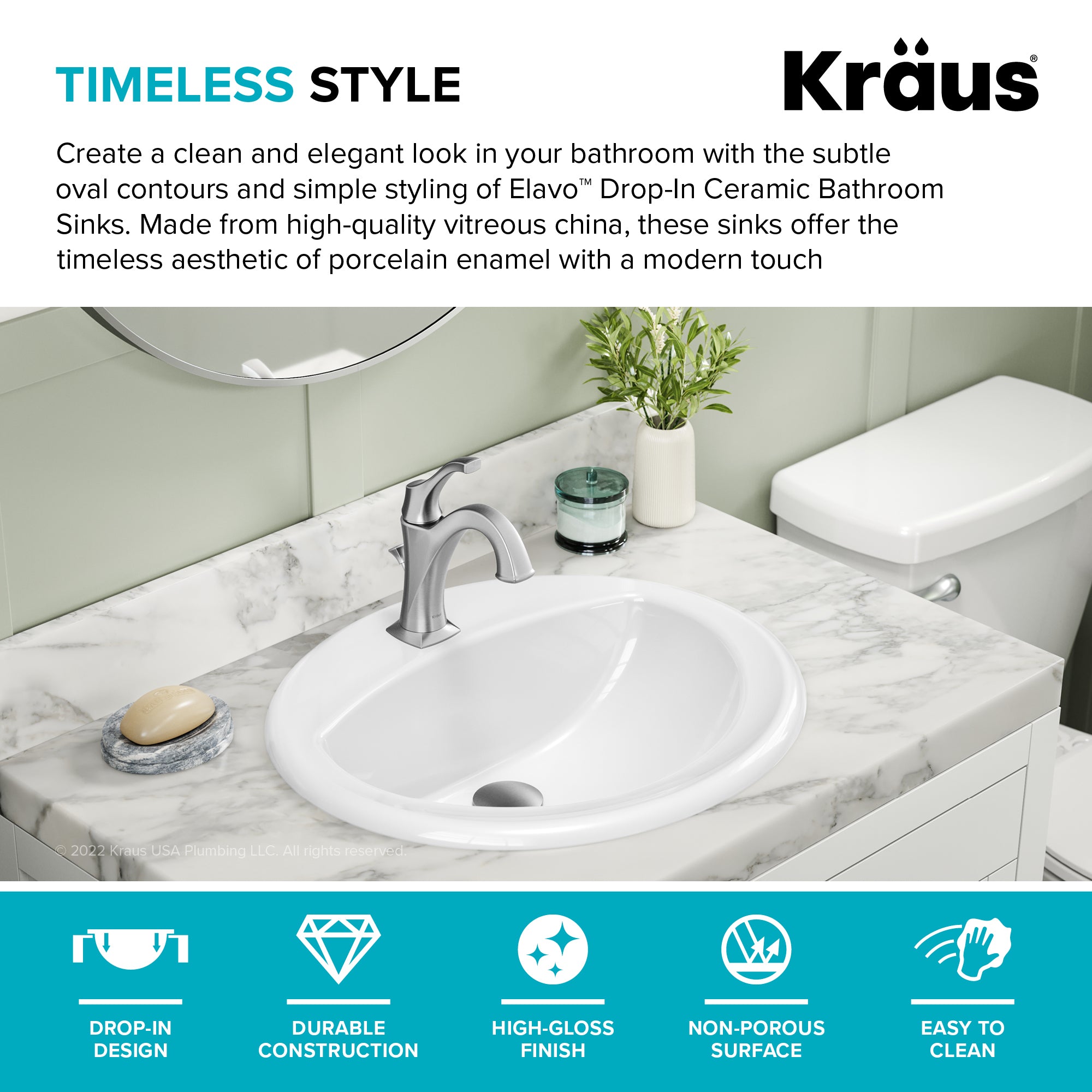 KRAUS Elavo 20-1/2" Oval Porcelain Drop In Bathroom Sink in White