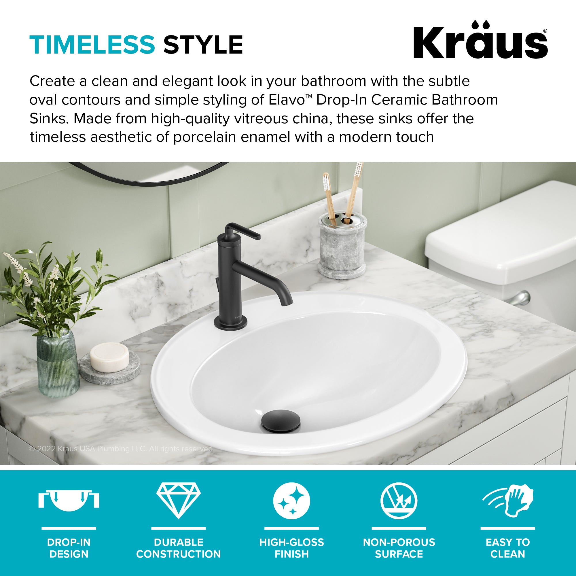 KRAUS Elavo 22" Oval Porcelain Drop In Bathroom Sink in White