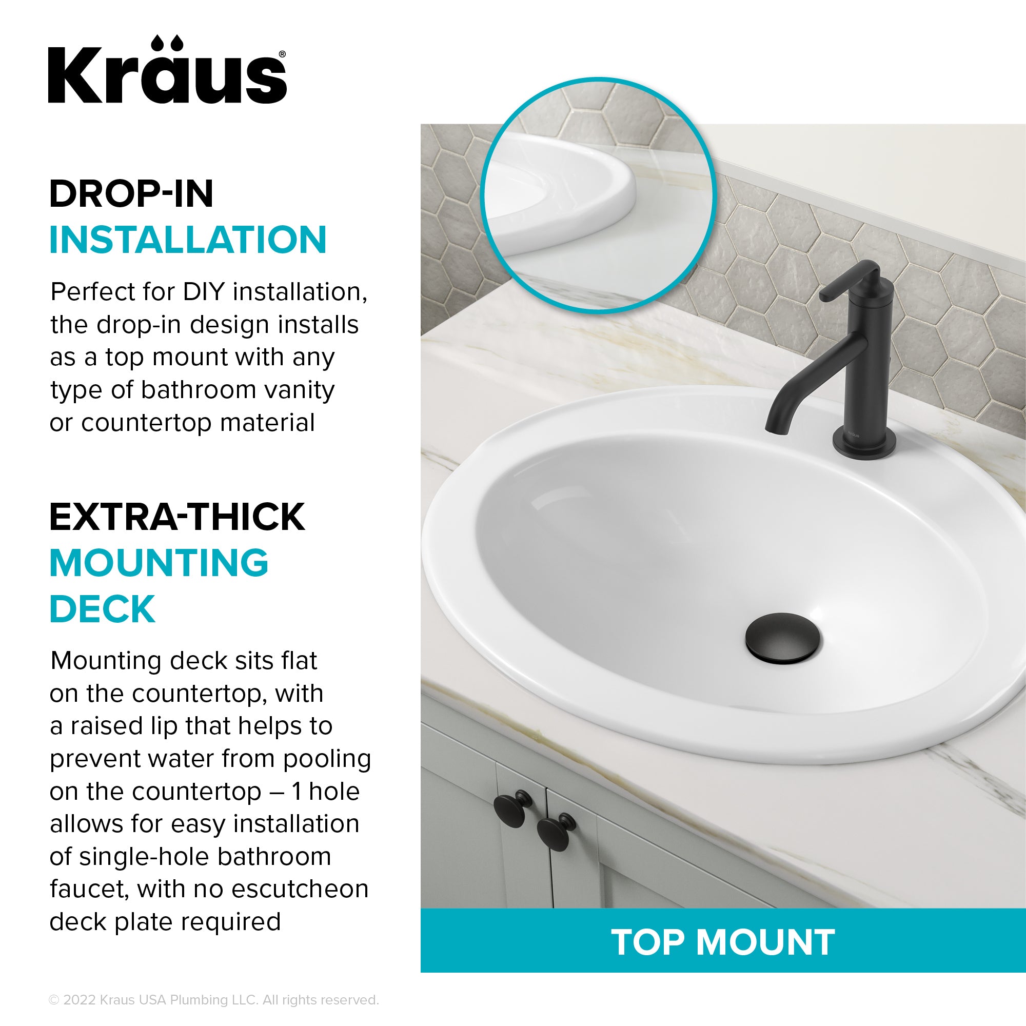 KRAUS Elavo 22" Oval Porcelain Drop In Bathroom Sink in White