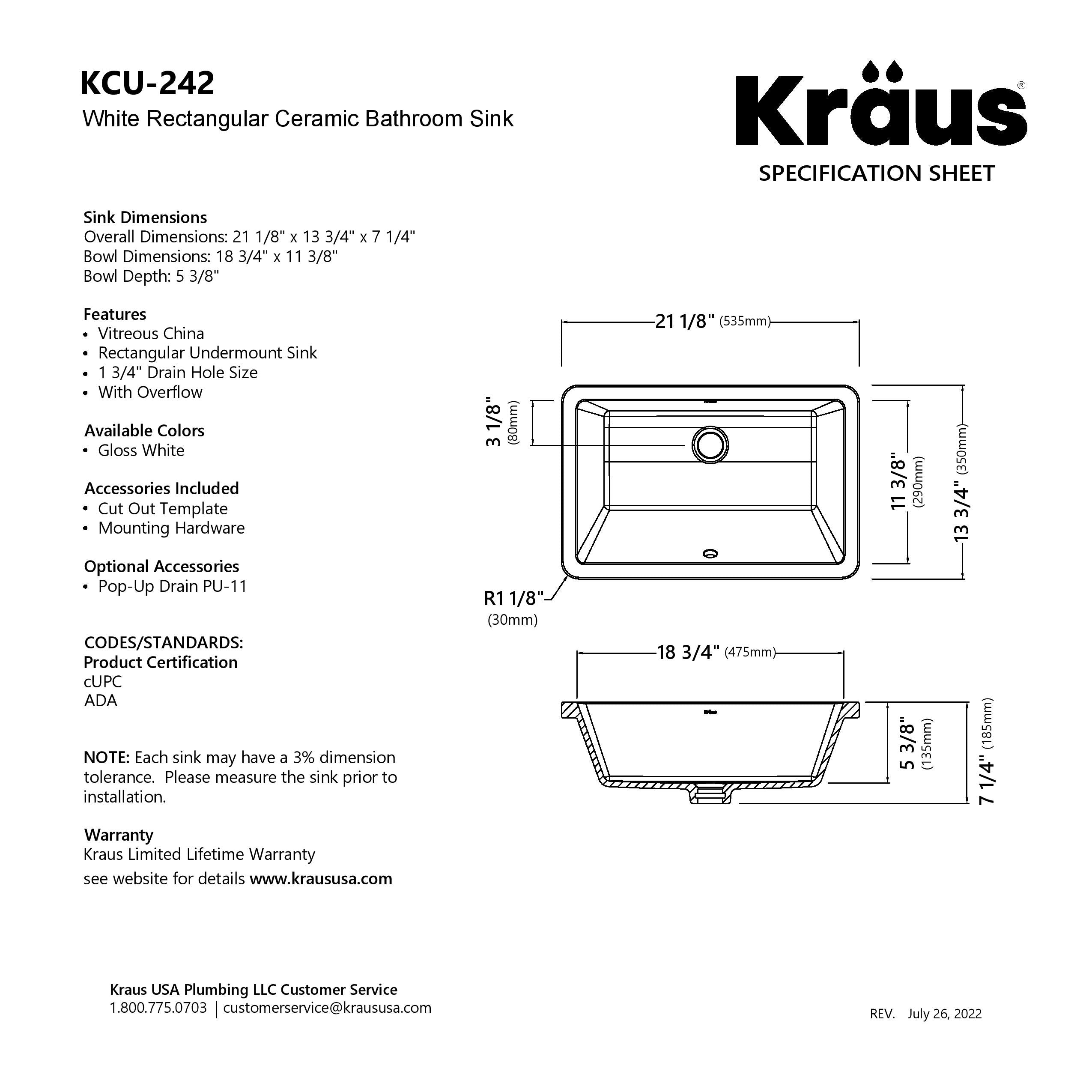 KRAUS Elavo 21-1/8" Rectangular Porcelain Undermount Bathroom Sink in White