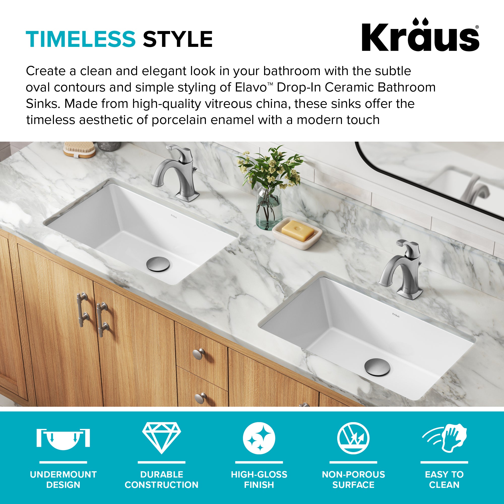 KRAUS Elavo 21-1/8" Rectangular Porcelain Undermount Bathroom Sink in White